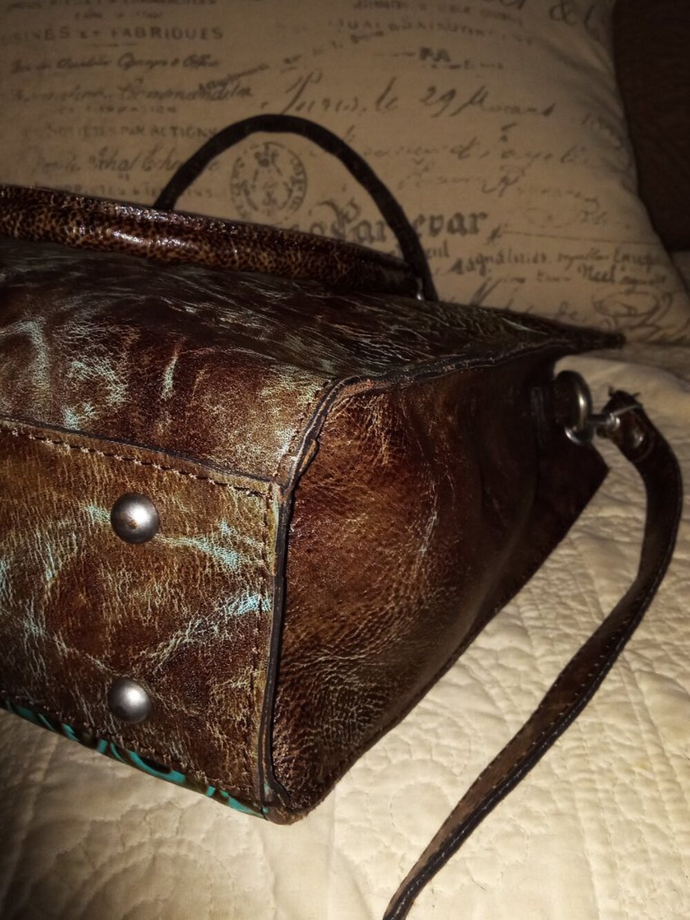 Patricia Nash Turquoise Brown Tooled Leather Satchel Crossbody Bag - Picture 8 of 10